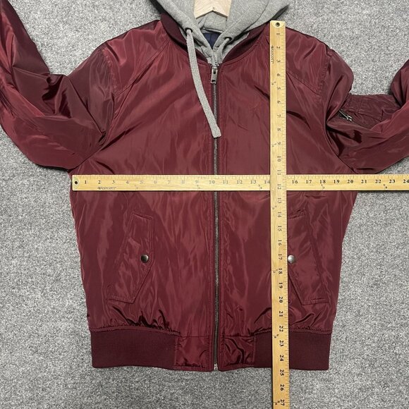 Express Women's Burgundy Bomber Jacket With Gray Hood Lined S/P - Picture 8 of 8
